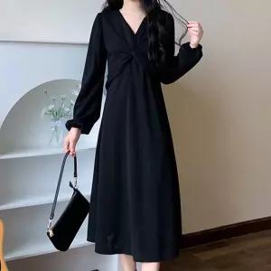 여성 긴팔 A라인 원피스 꼬임 디자인 블랙 롱공주원피스 가을 아한 스러운 정장 하객 오피스룩 여신 셔링