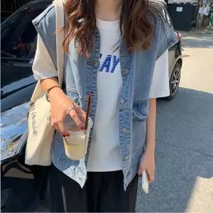 여성 조끼 청자켓 데님 조끼 오버핏 아우터 레이어드