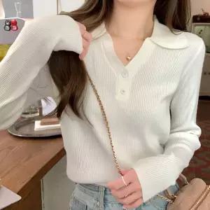 신상 여성 카라 브이넥 니트 긴팔 티셔츠패션 캐주얼 트렌디 모던룩 가을 겨울 심플 일상 데일리 편한