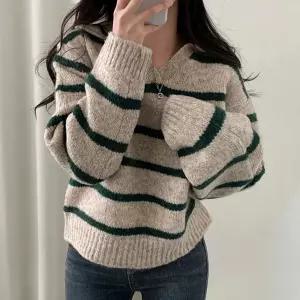 여성 겨울 스트라이프 단가라 카라 니트 티 그린 여자 라니트 예쁜 줄무늬 기본 도톰 넥니트 셔츠
