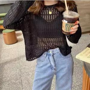 여성 여름 그물 니트 시스루 망사 긴팔시원한 루즈핏 여리여리 부클 핏티 봄니트 라운드 브이넥
