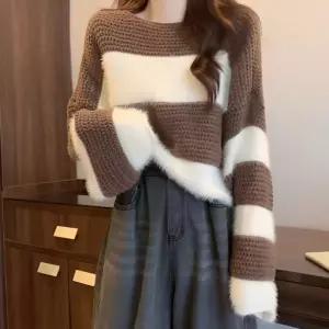 부드러운 니트 크롭기장 스라이프 퍼 데일리 겨울여성터틀넥 빈티지 홀가먼 루즈핏 골지 스퀘어 가오리 브