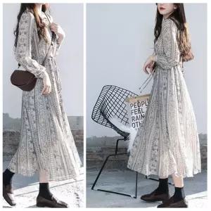 추동 문예 디자인 허리 여밈 플라워 원피스봄원피스 가을 A라인스커트 A라인 콜라주 셔츠 하객 출근룩 오피