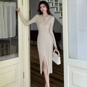 여성 꽈배기 니트 미디 원피스 1P 간절기 긴팔 치마여자 간롱 출근용 데이트룩 하객 가을 봄가을 단추 슬림