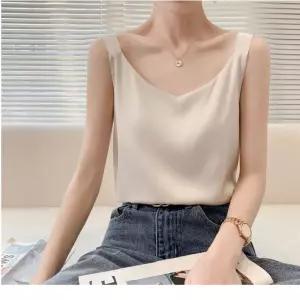 쥬디제이 실크나시 새틴 끈나시 이너 민소매여성 여자 티셔츠 패션 레이어드