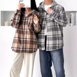 남자 여자 간편 외출 홈웨어 체크 패턴 커플 아이템 기모 셔츠 후드 남방 가을 여성루즈핏쳐스 출근룩 벌룬