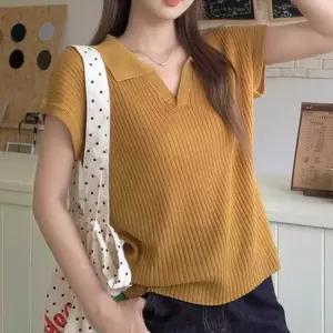 여성 골지 니트 카라 브이넥 반팔티 여름 슬림핏 으넥 데일리 루즈 베이직 캐주얼 썸머 시원한 셔츠 반팔