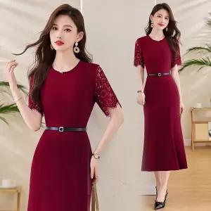 피콜로 여사친 스커트 원피스 레드 여름 슬림핏 데일리룩 레이스 힙업 라운드 프리미엄 소매 KUK2