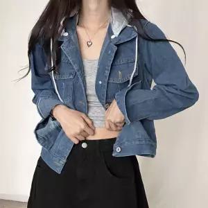 청자켓 후드 탈부착 단추 긴팔 데님 여성 간절기 코디가을 아우터 여자야상 쟈켓 트위드 양털리스 크롭 세