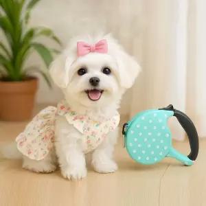 BNP_3014 플라워 프릴 강아지 원피스+자동리드줄세트(5M)귀여운옷 실내복 애견나시티 리본 플리츠 셔츠 산