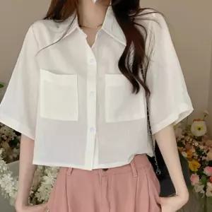 여성 린넨 학생 캐주얼 휴가룩 여름 흰색 반팔셔츠크롭 넨남방 루즈핏 카라 베이직 셔프 숏셔츠