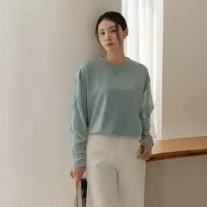 브랜 라운드 셔링 소매 티