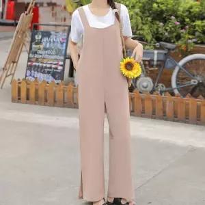 민소매 점프수트 와이드핏 밑단트임 포켓 데일리룩오프숄더바디 하이레그 프릴멜빵 오버롤반바지 여성 점퍼