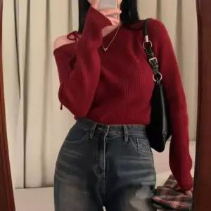 여성 원숄더 스웨터 연말룩 리본 끈 오프 니트 니트티 루즈핏 니트탑 언발 여자 끈니트 스트랩