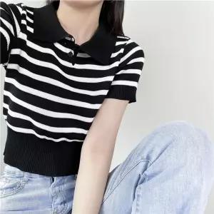 코디피셜 카라 스트라이프반팔 여성니트탑스웨터캐주얼 넥니트 여름티 밑단넓은 니트 가로줄 배색