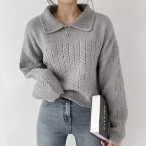 헤링본 패턴 카라 크롭 니트 티셔츠 겨울 긴팔 스웨터케이블 빗살무늬 가을 카라넥