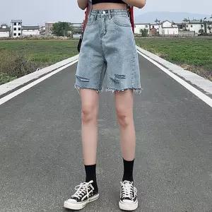 여성 데일리 하이웨스트 데미지 워싱 하프팬츠찢청반바지 데님 데님반 여름 여름반 패션 와이드