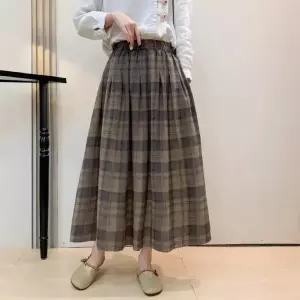 여자스커트 A라인 면사 체크 스커트 봄 허리 밴딩 롱 원템1
