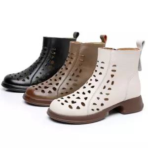 원더맨 여자 데일리룩 신발 워커힐 여름 펀칭 지퍼 앞코 가죽 빈티지 통굽 단화 홀워커 구멍 부츠 KUK2