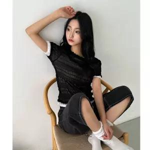 느좋코디(레이어드추천) 리센 메쉬 레이스 퍼프 반팔 티셔츠 데일리 패션 라운드넥 셔링 시스루 크롭 여성