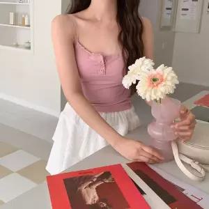 [하프클럽/]여자 버튼 탱크 골지 캡 레이스 끈나시