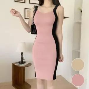 [에이치플러스몰]소매없음 니트탑 롱드레스 H라인 핏감좋은 신축성 민소매 롱스커트