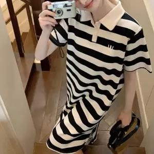 MFNC040105 - 캐주얼 스트라이프 카라 루즈핏 원피스폴로 단가라 반팔 여성 여름