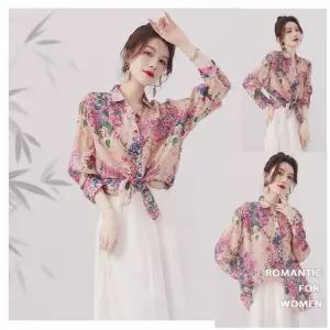 프린트 루즈핏 칼라 얇은 봄 셔츠 블라우스 봉쳐츠 여성 루즈 플라워 쉬폰