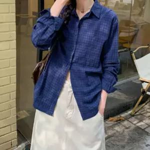 여성 네이비 체크 루즈핏 남방 긴팔 캐주얼룩셔츠 가을 오버 데일리 여자 패턴 봄남방 트렌디 심플 캐주얼