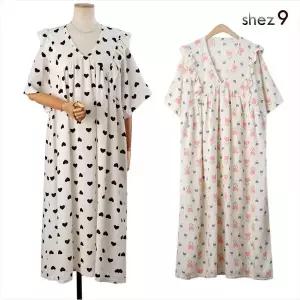 [하프클럽/쉬즈나인]허그 프릴  반팔 원피스 잠옷