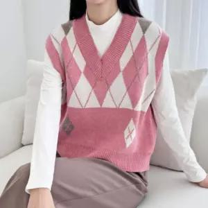뎌성 아가일 브이넥 니트 조끼 베이직 데일리 베스트여 일베스트 여니트 캐주얼 여자 일조끼 겨울