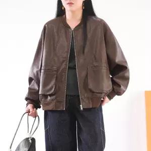 손오반 여친 오피스룩 빈티지 코트 넥 데일리룩 야구 슬림핏 집업 스웨터 PU가죽 솔리드 항공 점퍼 KUK1