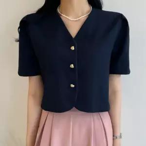 여성 퍼프 소매 반팔 정장 마이 자켓 1P 하트 아우터여자 여름 린넨 시원한 외투 얇은 오버핏 출퇴근룩 오