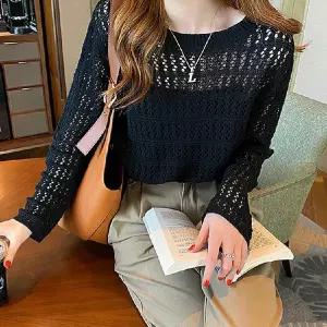 여성 시스루 루즈핏 펀칭 긴팔 니트티데일리탑 레이어드 오버 스트릿 모던 유니크 썸머 비치 경량 니트 롱