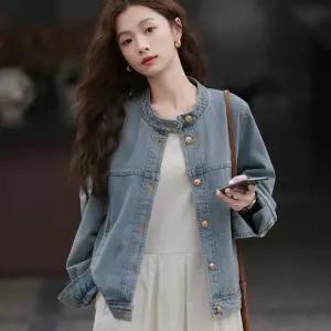 여성 청자켓 라운드넥 스런 노카라 간절기 데님 자자켓 여자 청자 크롭자 데님자 여자자 재킷 빈티지자 코