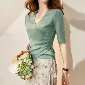 핏 예쁜 브이넥 7부 랩 니트여성 반팔 스러운 패션 여자 여름 썸머