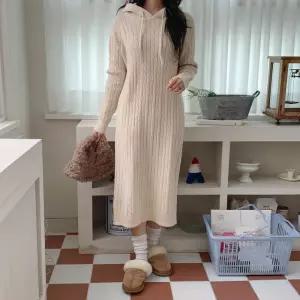 여자 캐쥬얼 꽈배기 후드 니트 롱 원피스