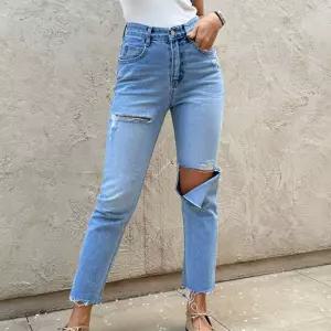 여자 무릎컷팅 찢청 일자 구제 세미슬림 여름 청바지
