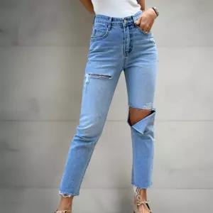 여자 여름 찢청 구제 일자 세미슬림 청바지