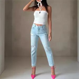 여성 세미 슬림핏 컷팅 찢어진 청바지 연청 로우핏