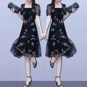 이중망사 7772 나비원피스 치마 CESS꽃 프릴 무늬 미니 랩원피스 리본 브이넥 휴양지 여성 쉬폰 하객 롱원