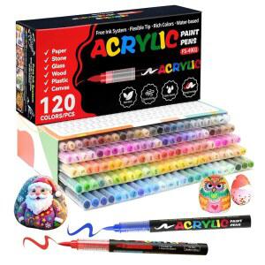 테카다 120 컬러 아크릴 페인트 마커 소프트 브러시 팁 마커 세트 나무용 펜 패브릭 캔버스 유리 돌 암벽화 및 DIY 공예 미술 용품