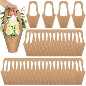 길프롭 100팩 크래프트 페이퍼 플라워 선물 가방 결혼식용 손잡이 꽃다발 홀더 발렌타인데이 장식 플로리스트 샵 (소형)