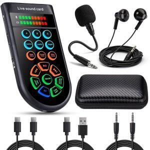 노래 라이브 스트리밍을 위한 M300 소형 핸드헬드 사운드 카드 세트 리버브 /보컬 강화 기능 포함 보이스 체인저 /보컬 체인저 /사운드 이펙트 /AUX /타입-C /블루투스 포함 콘덴서 마이크 헤드폰 포함
