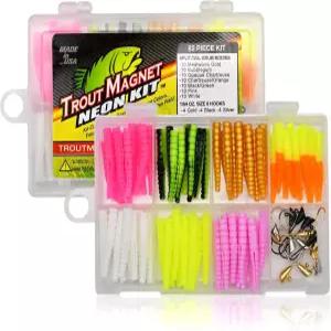 트라우트 자석 82피스 네온 낚시 장비 키트 70개의 그루브 바디 미끼와 12개의 사이즈 8 후크가 포함되어