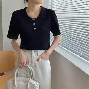 여성 꽃 단추포인트 링클프리 카라 반팔 3컬러여름니트 니트티 니트 줄무늬 넥니트 단가라