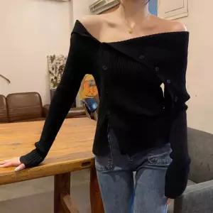 언밸런스 숄더라인 포인트 오프 니트 티셔츠카라 후드집업 배색 단가라 보트넥 여성 스웨터 크롭 앙고라 브