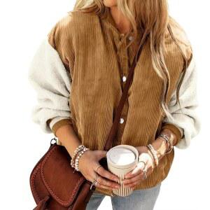 여성용 FMCHICO 코듀로이 셰르파 재킷 버튼 다운 플리스 퍼 칼라 겨울 웜 코트