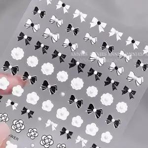 [셀러에이드]네일 아트 리본 스티커 진주 장식 꽃 디자인 블랙 화이트