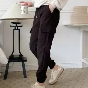 스웨이드 여성 조거 팬츠 허리 밴딩 여자 카고 겨울바지 운동 보온복 운동복